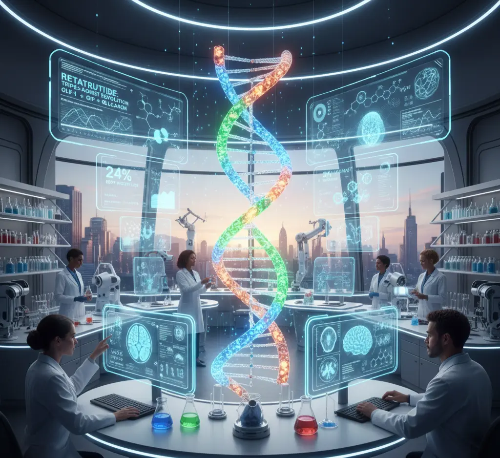 Retatrutide peptide therapy graphic showing triple-agonist fat loss concept with molecular structure and DNA background.