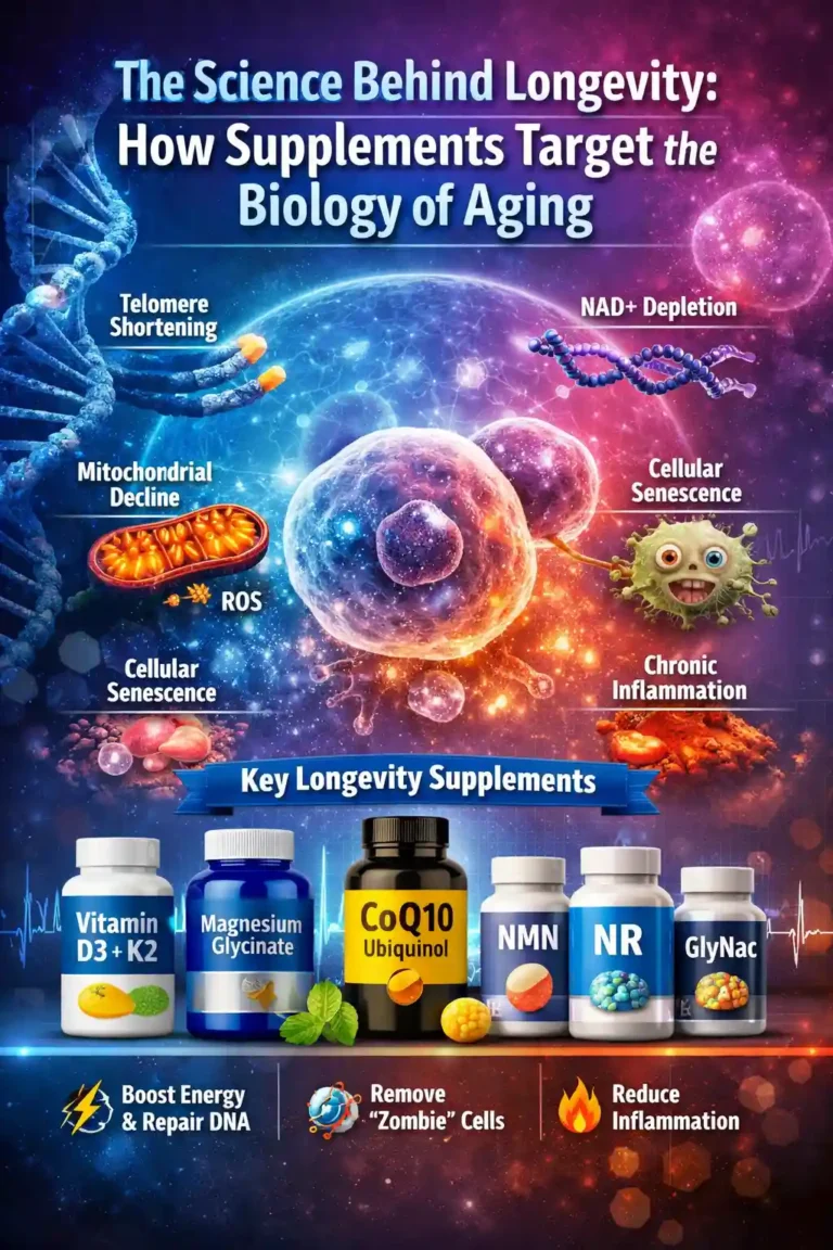 Longevity supplements stack including NMN, CoQ10, magnesium, and vitamins for anti-aging and cellular health
