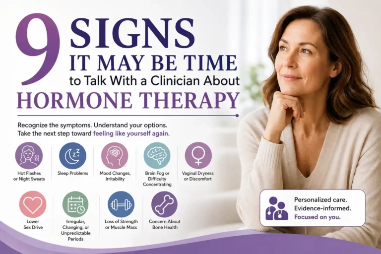 Woman experiencing menopause symptoms and learning about hormone therapy options for hot flashes, brain fog, sleep problems, and hormonal health support.
