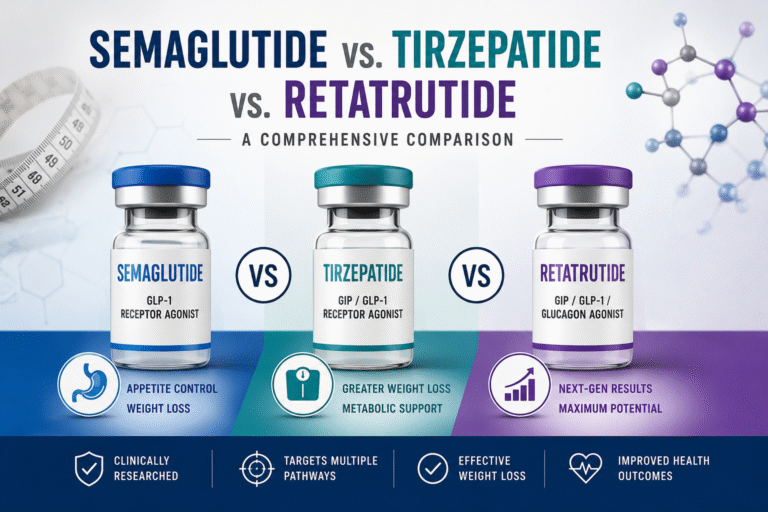Semaglutide vs. Tirzepatide vs. Retatrutide comparison showing three weight-loss medications and their key differences.
