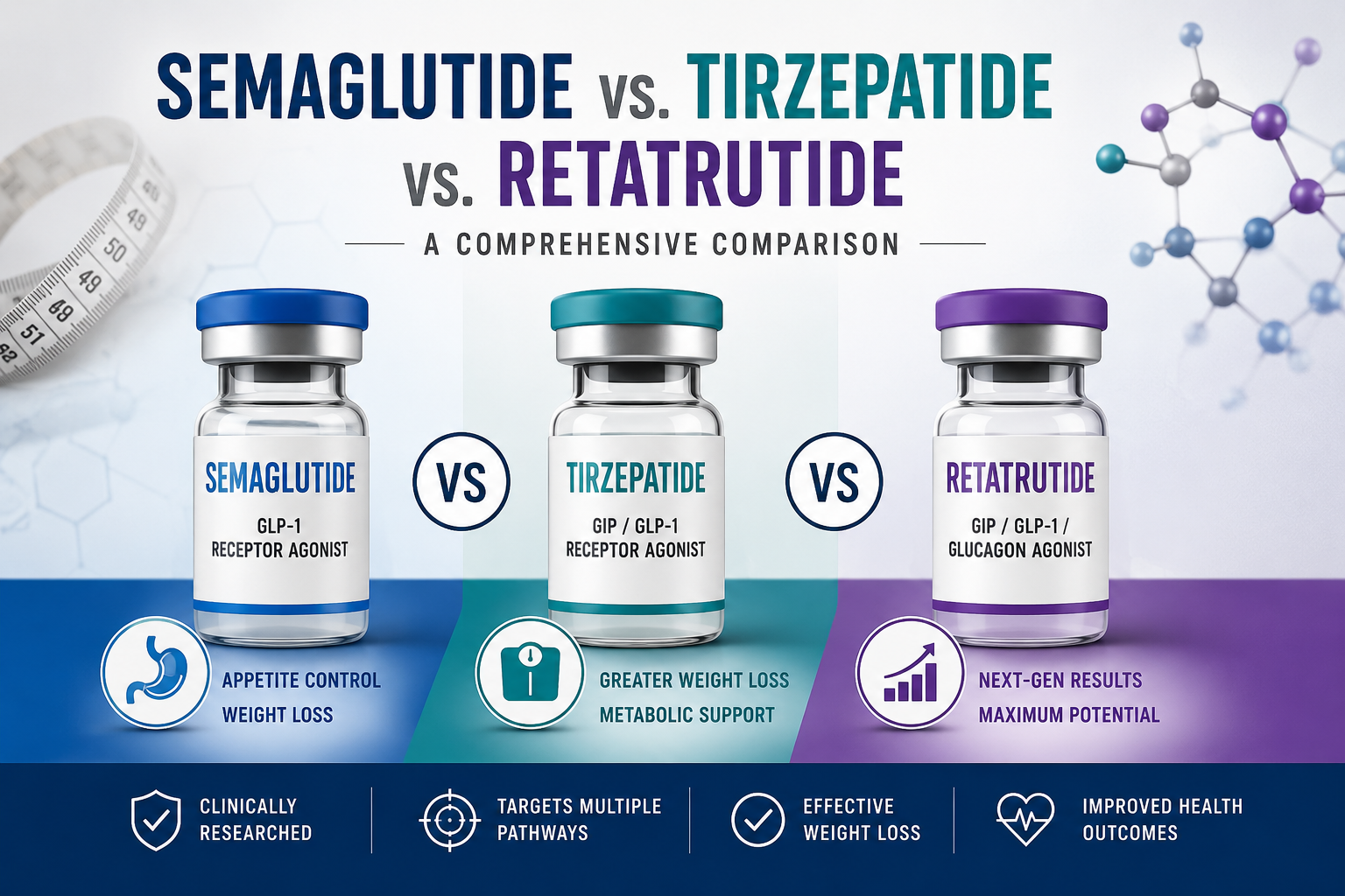 Semaglutide vs. Tirzepatide vs. Retatrutide comparison showing three weight-loss medications and their key differences.